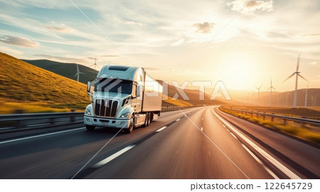 modern white semi-trailer truck and wind turbine 122645729