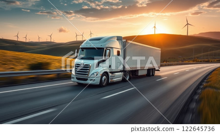 modern white semi-trailer truck and wind turbine modern white semi-trailer truck and wind turbine 122645736