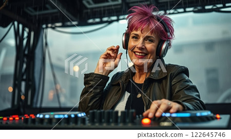 old modern woman behind a DJ booth 122645746