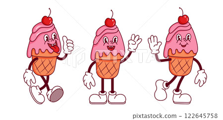 Fun animated ice cream characters showcasing different expressions and activities in a playful design 122645758