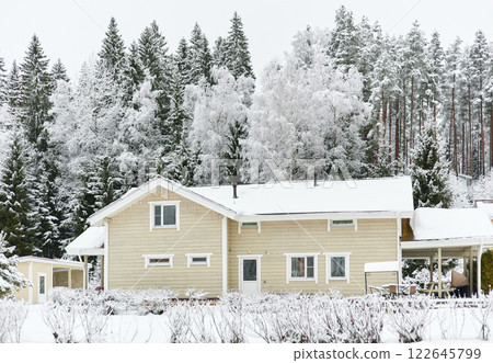 beautiful country house in a snowy pine forest, night lighting, winter fairy tale 122645799