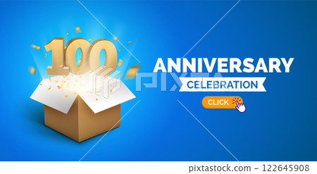 Anniversary birthday 100 years golden background. Happy vector poster 100 anniversary box confetti 122645908