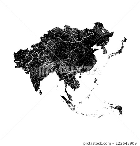Grunge Style Asia Map Silhouette with Country Borders in Black and White 122645909