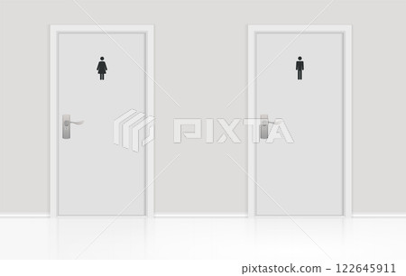 Restroom Doors with Male and Female Symbols minimal clean design modern bathroom entrance. 122645911