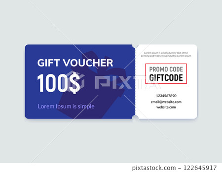 Gift Voucher Template Promo Code Discounts Offer design. Gift card coupon reward certificate. Gift Voucher Template Promo Code Discounts Offer design. Gift card coupon reward certificate. 122645917