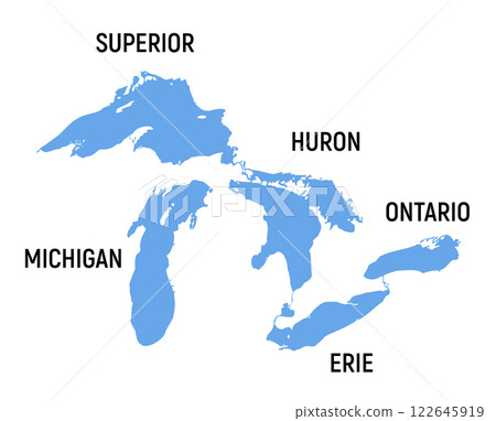 Map of the Great Lakes in North America with Labels for Superior, Michigan, Huron, Erie, Ontario 122645919