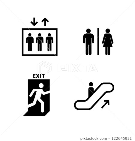 Set of Public Facility Icons Elevator, Restroom, Exit, and Escalator minimal symbols icon 122645931