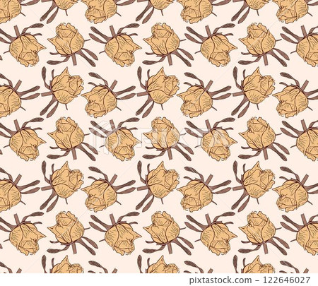 Continuous pattern of rose buds on beige background 122646027