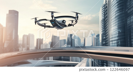 Drone city skyline. Futuristic vehicle urban landscape. Aerial delivery technology innovation. 3D render, top view, warm light beige background. 122646097
