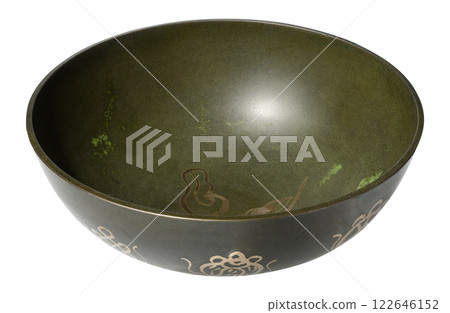 Empty bronze singing bowl on isolated background, religious item for meditation and relaxation Empty bronze singing bowl on isolated background, religious item for meditation and relaxation 122646152
