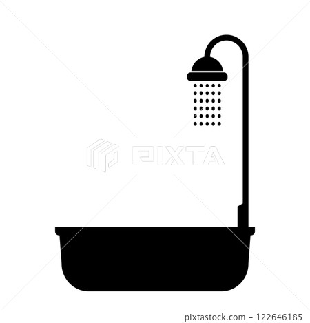 Bathtub with overhead shower icon black and white. Minimalist illustration bathroom shower tub setup 122646185