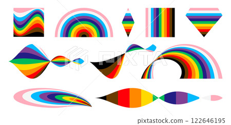 Pride icons and shapes with LGBTQ pride flag colours. Set of colored striped shapes for design. Vector illustration isolated on white background. Pride icons and shapes with LGBTQ pride flag colours. Set of colored striped shapes for design. Vector illustration isolated on white background. 122646195