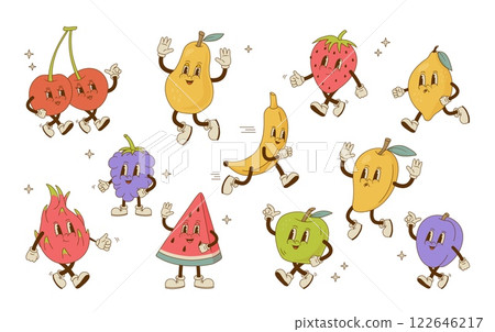 Set of funny retro cartoon fruit and berry characters. Vintage watermelon, cherry, blackberry, mango, pear, apple, dragon fruit, banana, strawberry plum, mascot. Nostalgia vector illustration. Set of funny retro cartoon fruit and berry characters. Vintage watermelon, cherry, blackberry, mango, pear, apple, dragon fruit, banana, strawberry plum, mascot. Nostalgia vector illustration. 122646217