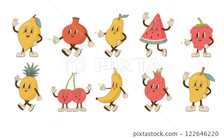 Set of cute retro cartoon fruit and berry mascots. Vintage watermelon, cherry, pineapple, mango, pear, pomegranate, dragon fruit, banana, raspberry characters. Vector illustration. 122646220