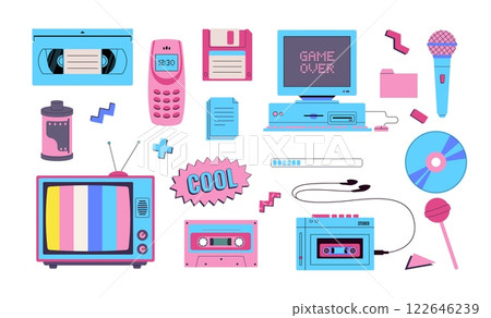 Set of 90s, y2k retro devices vector illustration. Vintage audio player, cassette, old pc, floppy disk, mobile telephone, microphone, tv, candy icons. Nostalgia for 1990s. 122646239