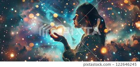 Romantic space background with woman holding glowing heart for valentine's day 122646245
