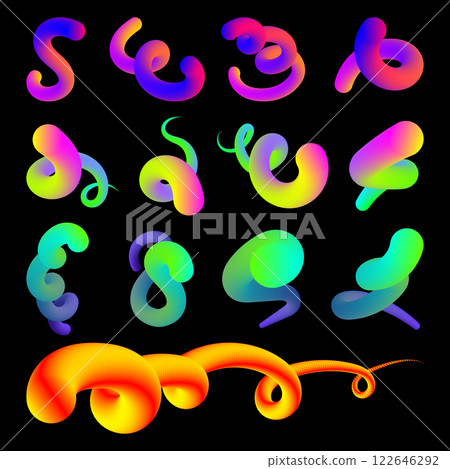 Set of abstract fluid curve in different shape. Gradient blend line icons. 3D effect fluid flow wave. Creative design elements. Vector illustration isolated on black background. Set of abstract fluid curve in different shape. Gradient blend line icons. 3D effect fluid flow wave. Creative design elements. Vector illustration isolated on black background. 122646292
