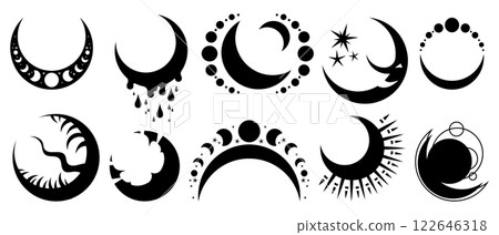 Flat icon set of different moon illustrations. Symbols of astrology, alchemy, boho, and magic. Prints for T-shirts, decoration, and design. Vector illustration isolated on white background Flat icon set of different moon illustrations. Symbols of astrology, alchemy, boho, and magic. Prints for T-shirts, decoration, and design. Vector illustration isolated on white background 122646318