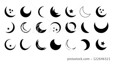 Crescent moon icon set. Crescent design with stars. Boho moon illustration. Different crescent moon with star designs. Vector isolated on white background. Crescent moon icon set. Crescent design with stars. Boho moon illustration. Different crescent moon with star designs. Vector isolated on white background. 122646321