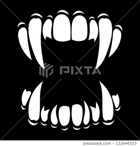 Terrible jaws of a beast with white sharp teeth. Vampire teeth for Halloween. Vector isolated on black background. 122646323