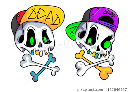 Cute cartoon skull in a cap. Funny skull sticker for Halloween design. Cool hand drawn skull with crossbones. Vector illustration isolated on white background. Cute cartoon skull in a cap. Funny skull sticker for Halloween design. Cool hand drawn skull with crossbones. Vector illustration isolated on white background. 122646337