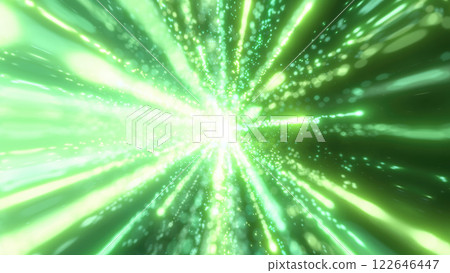 Bright green explosion of light particles radiating outward in a dynamic burst, creating a futuristic and energetic effect in a cosmic setting 122646447