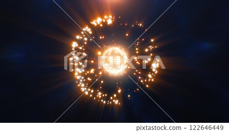 Glowing yellow sphere of light particles on a dark background, symbolizing energy and technology with a dynamic and futuristic feel 122646449