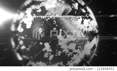 A grayscale digital representation of Earth with abstract pixelated details, creating a futuristic and high-tech aesthetic background 122646451