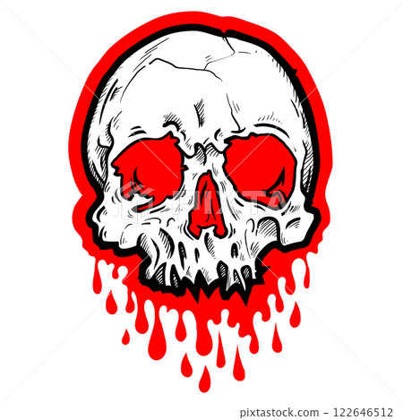 Skull with splash of blood. Bloody skull illustration. Goth style. T-shirt print for Horror or Halloween. Hand drawing illustration isolated on white background. Vector EPS 10 122646512