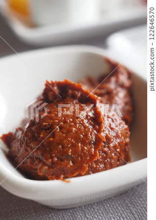 Rich and Flavorful Chili Paste on a White Ceramic Plate 122646570