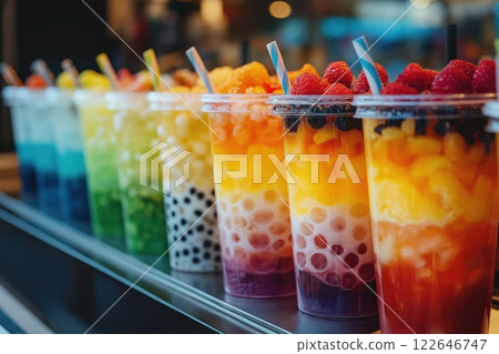 Bubble Tea Row: Diverse Flavors, Colorful Toppings, Refreshing Drinks 122646747