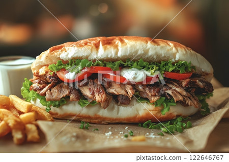 Freshly Sliced Doner Kebab with Crisp Vegetables and Savory Garlic Sauce 122646767