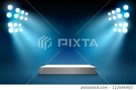 Stage podium with light presentation pedestal. Award illuminated show spotlight stage design 122646983