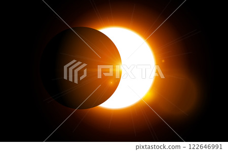 Solar eclipse vector total sun background. Moon eclipse glow in space. Solar planet circle 122646991
