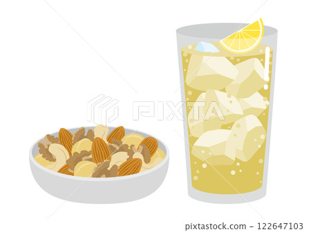 An illustration of a highball in a glass and nuts in a bowl 122647103