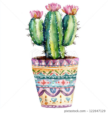 Watercolor style depiction of cute cactus in decorative pot, showcasing vibrant colors and intricate patterns 122647129