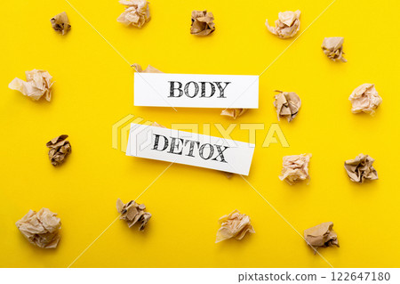 Two pieces of paper with the words body detox written on them Two pieces of paper with the words body detox written on them 122647180