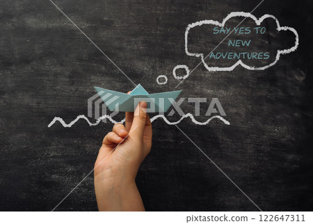 a chalkboard with the words Say yes to new adventures written above it a chalkboard with the words Say yes to new adventures written above it 122647311