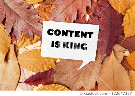 Content is king, A white sign on top of a pile of autumn leaves 122647357