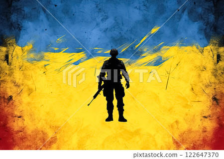 Illustration featuring a Ukrainian soldier on a blue yellow background. 122647370