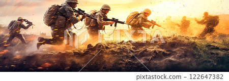 Soldiers in dynamic action on the battlefield Soldiers in dynamic action on the battlefield 122647382