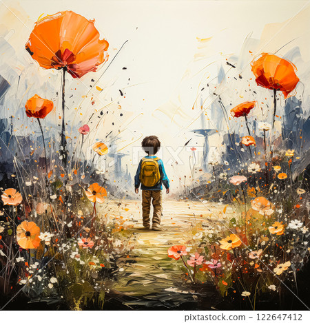 Small child amid huge watercolor flowers 122647412