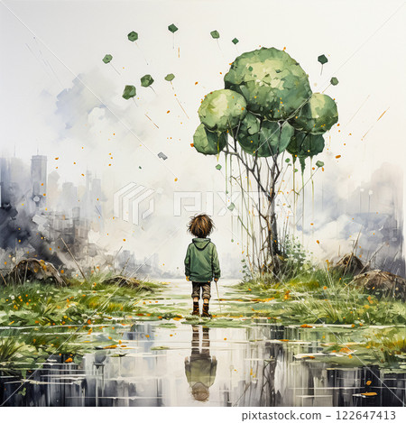 Small child amid huge watercolor flowers Small child amid huge watercolor flowers 122647413