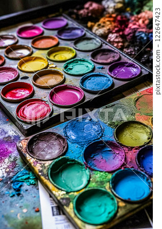 Watercolor palettes and abstract pictures from above Watercolor palettes and abstract pictures from above 122647423