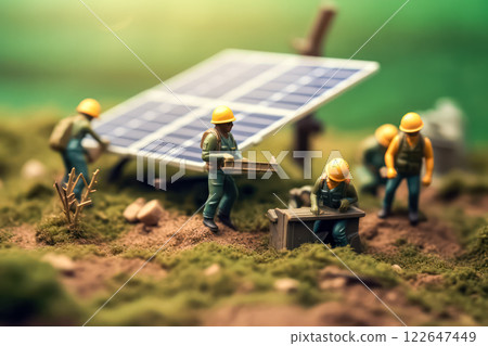 Miniature workers near solar panels 122647449