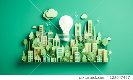 Green eco city with light bulb on white background 122647457