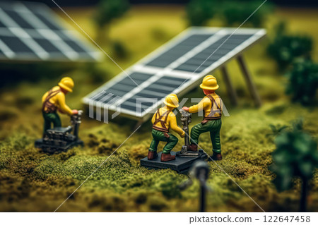 Miniature workers near solar panels 122647458