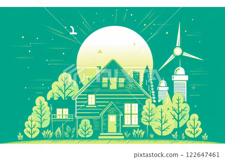 Flat style concept of an eco home private house with solar panels, wind turbines Flat style concept of an eco home private house with solar panels, wind turbines 122647461