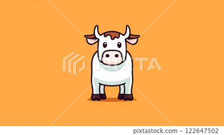 A cartoon cow with a white face and black spots stands in front of a orange background. A cartoon cow with a white face and black spots stands in front of a orange background. 122647502