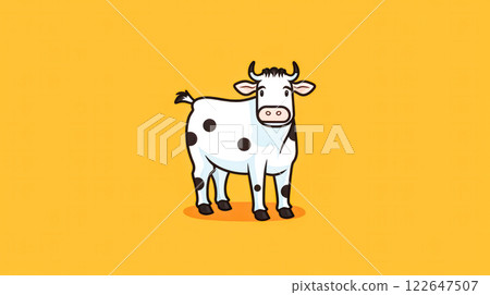 Cartoon cow with white face and black spots stands in front of orange background. Cartoon cow with white face and black spots stands in front of orange background. 122647507